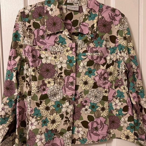 Floral Jacket Shirt Liz Claiborne Women’s Cotton Spandex Size 16 Pockets Long Sl - Picture 12 of 13